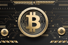Bitcoin sembolü taşıyan altın renkli temsili madeni para