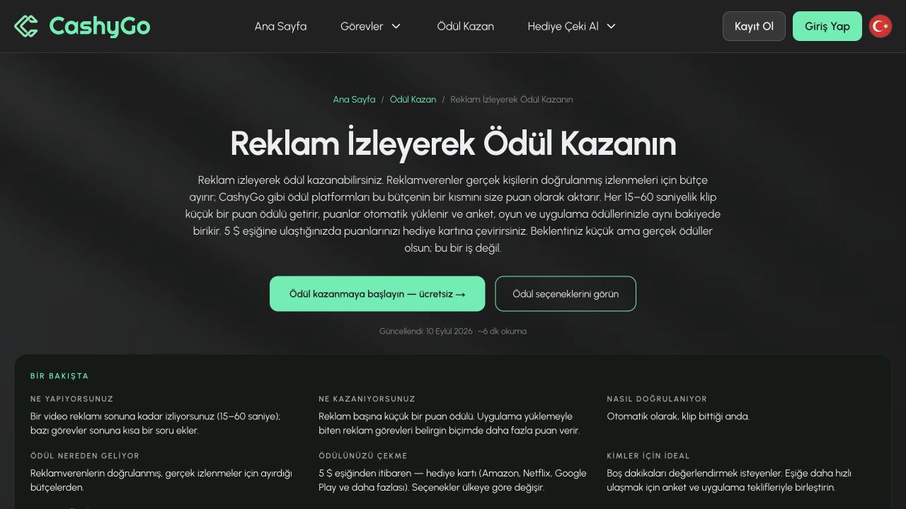 CashyGo reklam izleme görevleri sayfası ekran görüntüsü