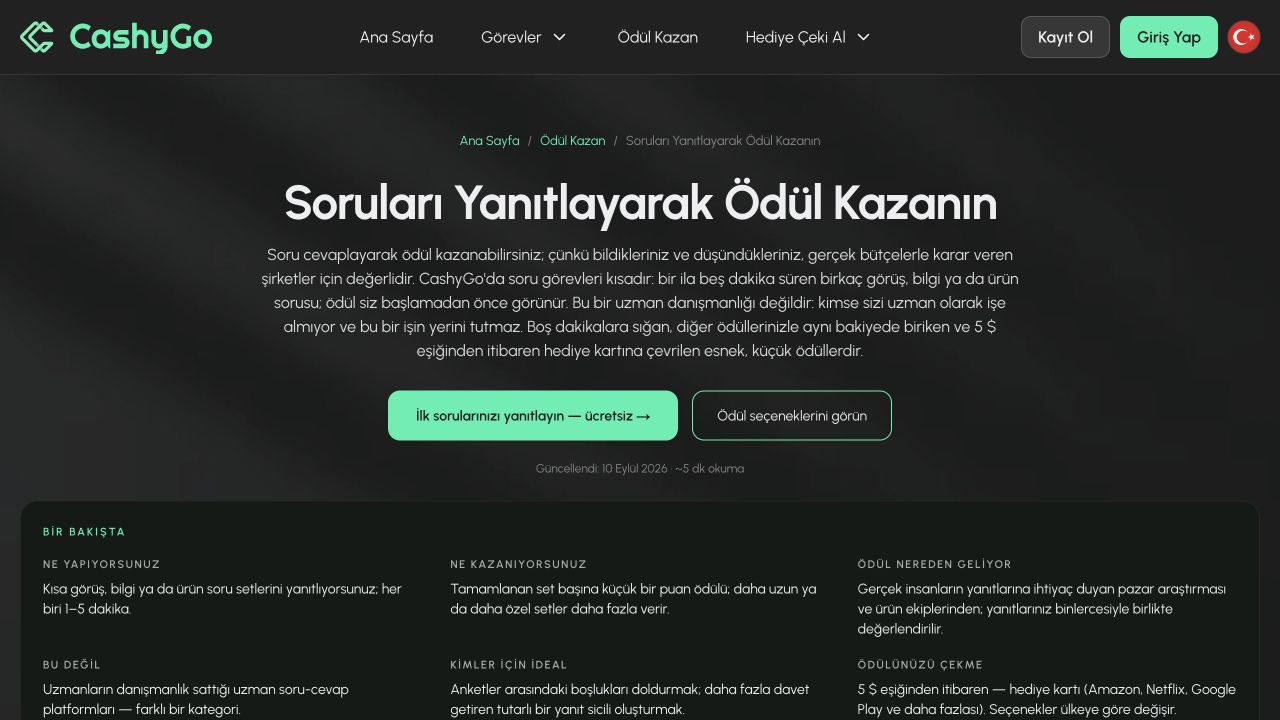 CashyGo kısa soru görevleri sayfası ekran görüntüsü